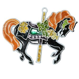 Vintage Stained Glass Black Carousel Horse With Orange Mane Suncatcher Ornament